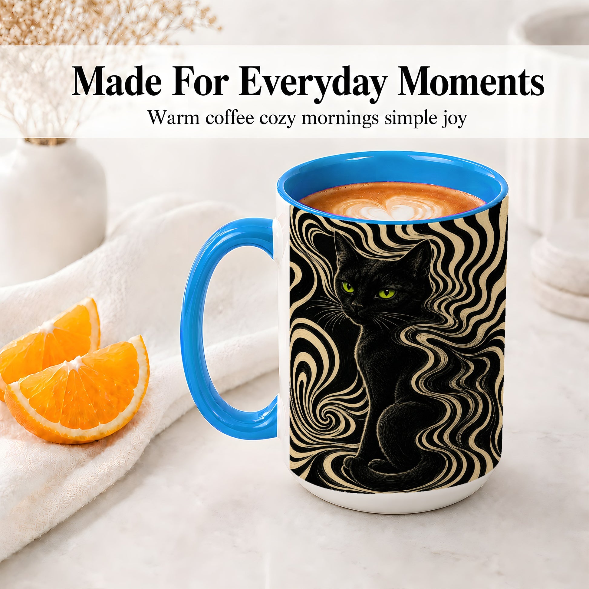 #pl[15oz|Blue] Black Cat Swirl Ceramic Mug, Green Eye Optical Art for Cat Lovers