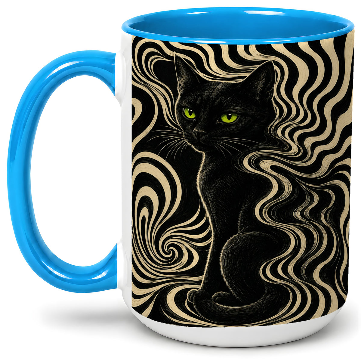 #pl[15oz|Blue] Black Cat Swirl Ceramic Mug, Green Eye Optical Art for Cat Lovers