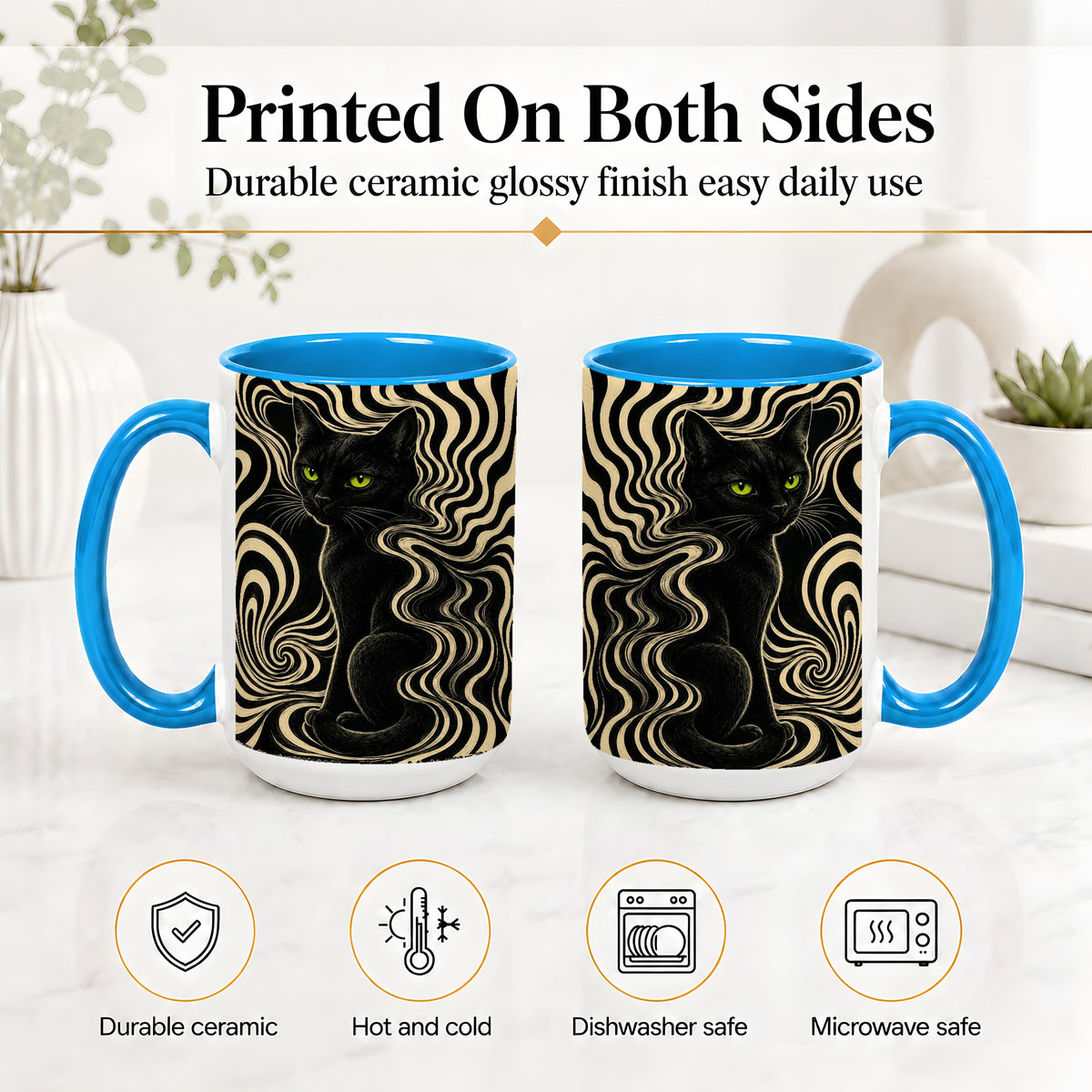 #pl[15oz|Blue] Black Cat Swirl Ceramic Mug, Green Eye Optical Art for Cat Lovers