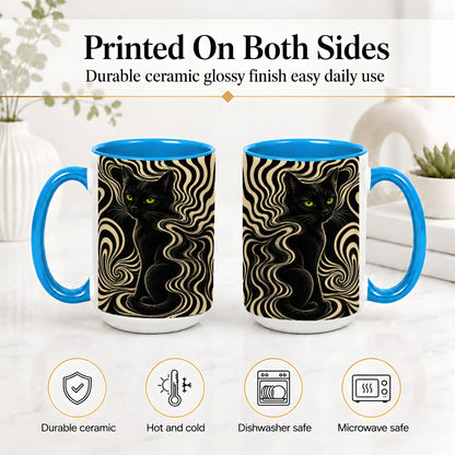 #pl[15oz|Blue] Black Cat Swirl Ceramic Mug, Green Eye Optical Art for Cat Lovers