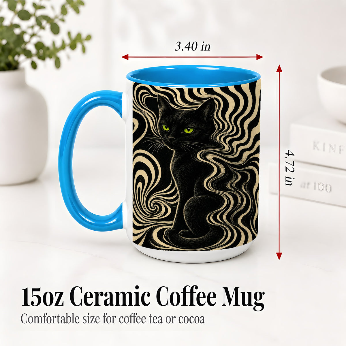 #pl[15oz|Blue] Black Cat Swirl Ceramic Mug, Green Eye Optical Art for Cat Lovers