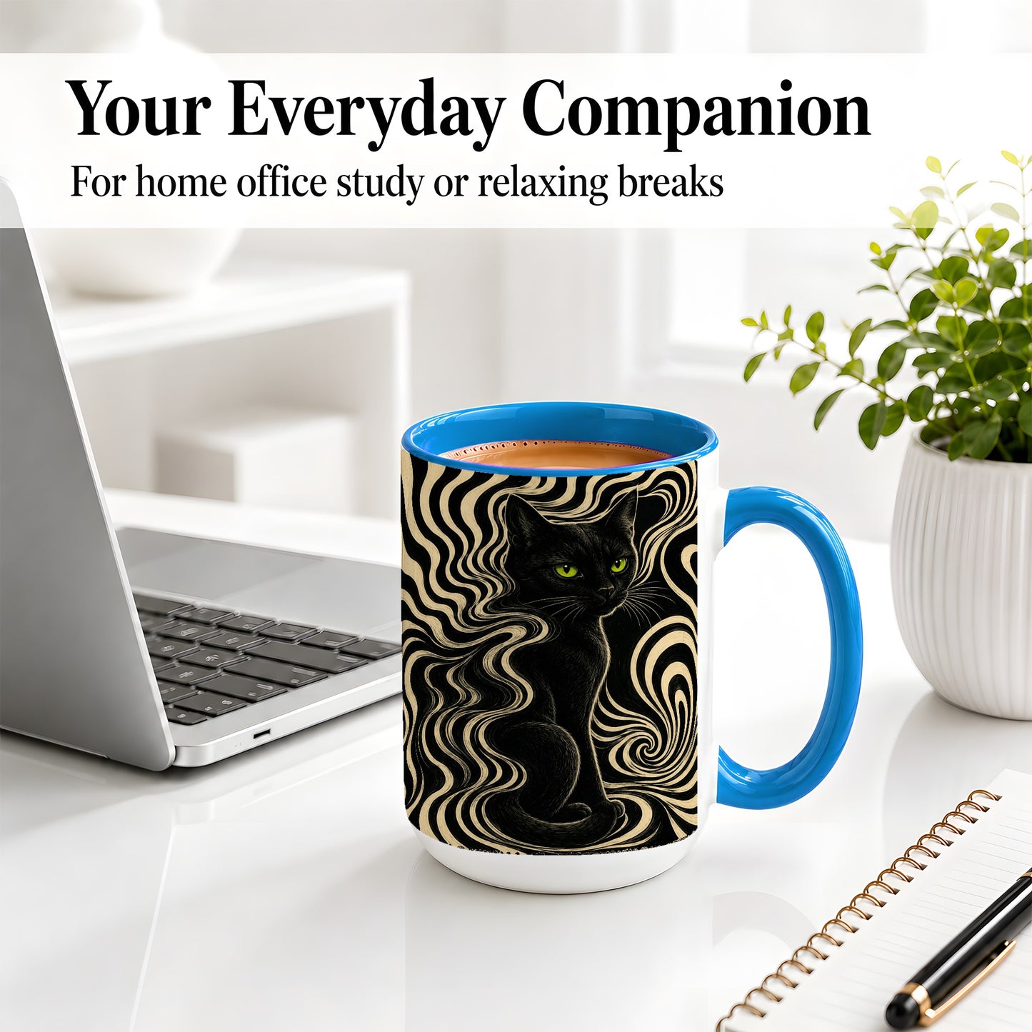 #pl[15oz|Blue] Black Cat Swirl Ceramic Mug, Green Eye Optical Art for Cat Lovers