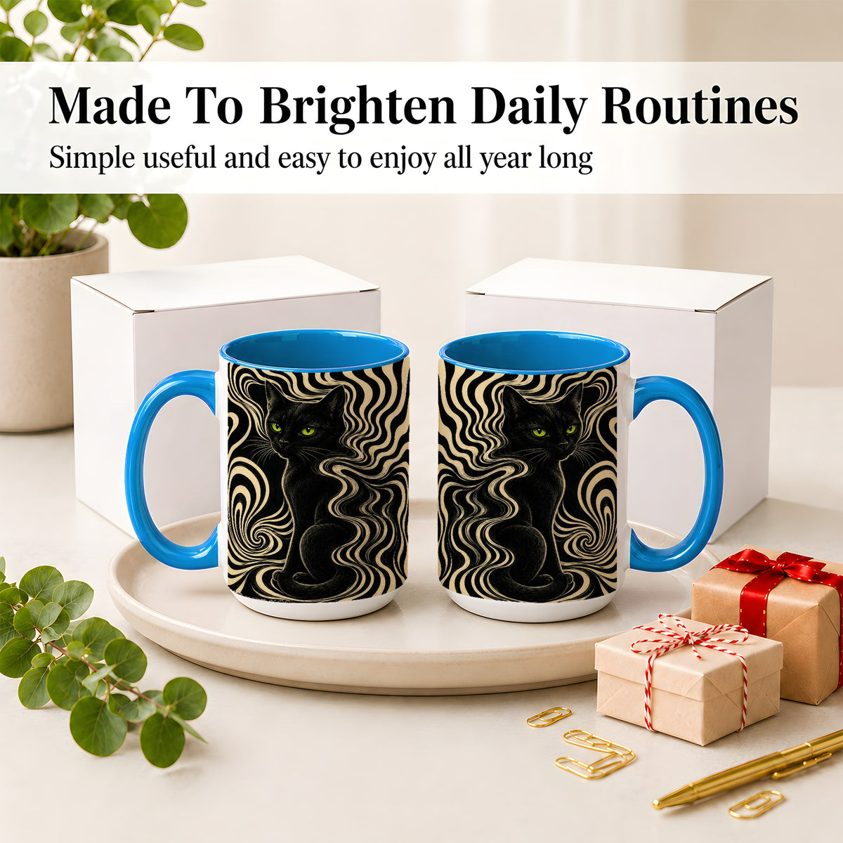 #pl[15oz|Blue] Black Cat Swirl Ceramic Mug, Green Eye Optical Art for Cat Lovers