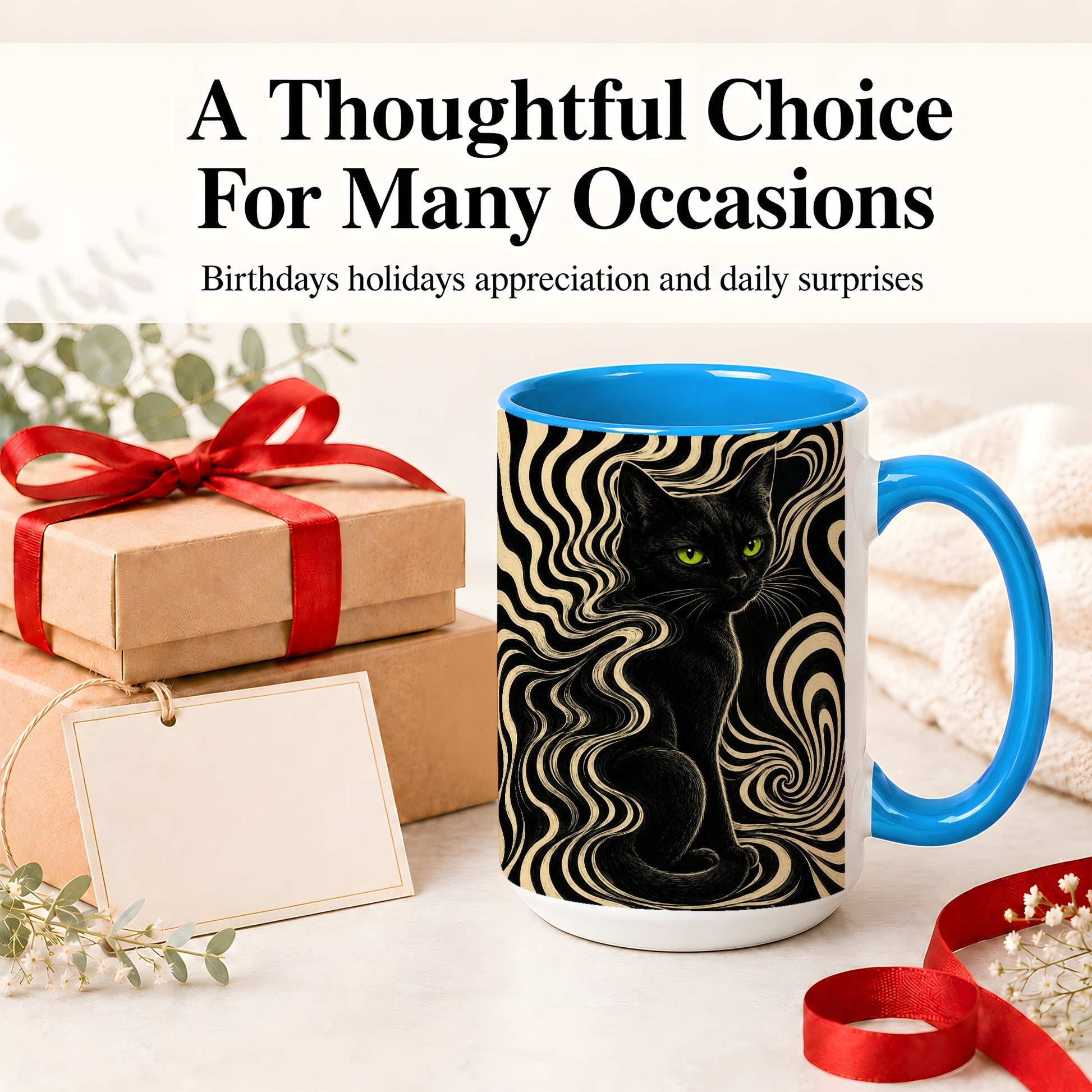 #pl[15oz|Blue] Black Cat Swirl Ceramic Mug, Green Eye Optical Art for Cat Lovers