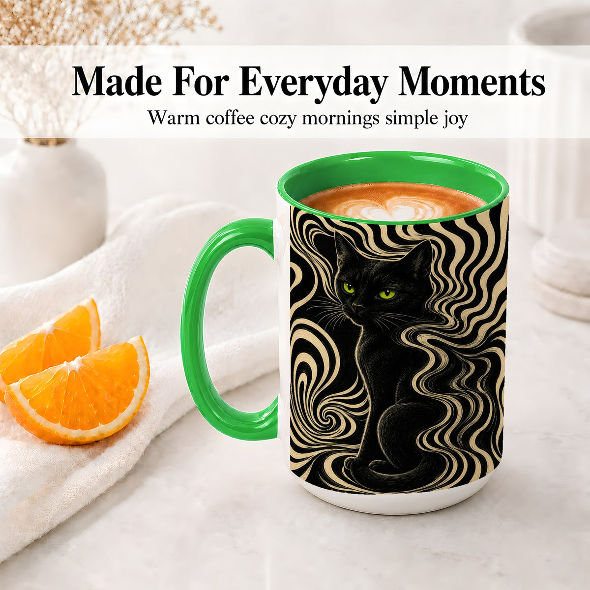 #pl[15oz|Green] Black Cat Swirl Ceramic Mug, Green Eye Optical Art for Cat Lovers