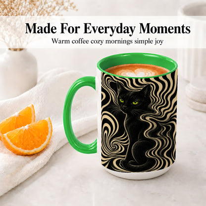 #pl[15oz|Green] Black Cat Swirl Ceramic Mug, Green Eye Optical Art for Cat Lovers