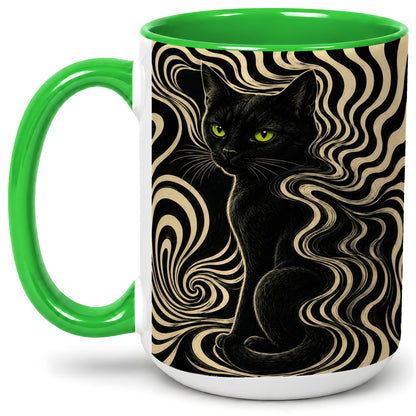 #pl[15oz|Green] Black Cat Swirl Ceramic Mug, Green Eye Optical Art for Cat Lovers