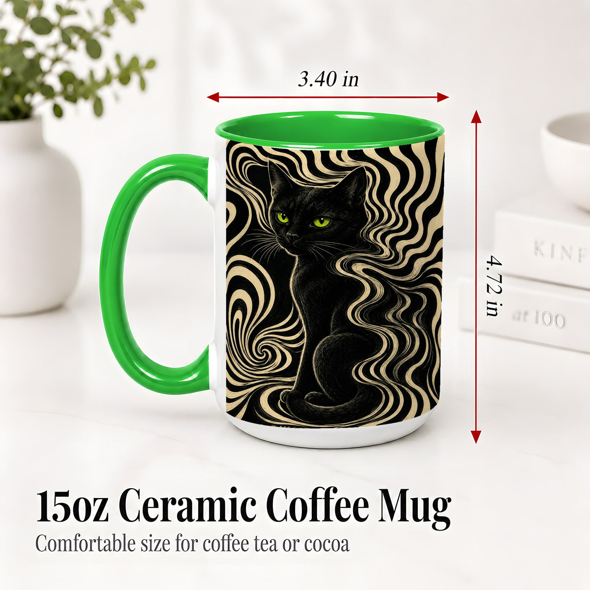 #pl[15oz|Green] Black Cat Swirl Ceramic Mug, Green Eye Optical Art for Cat Lovers
