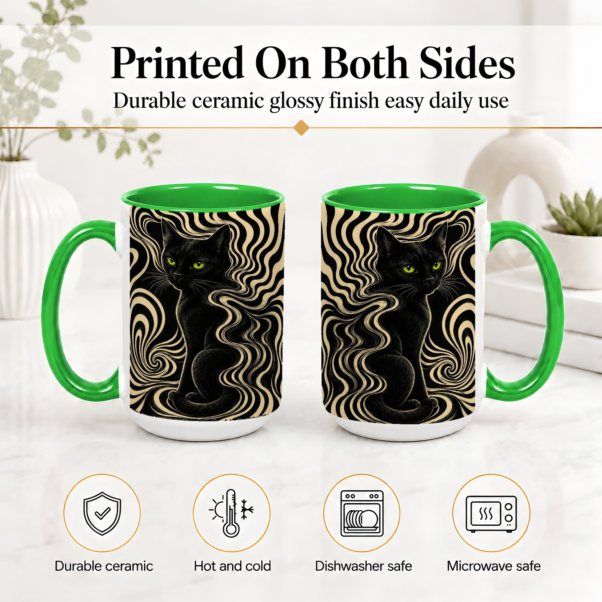 #pl[15oz|Green] Black Cat Swirl Ceramic Mug, Green Eye Optical Art for Cat Lovers