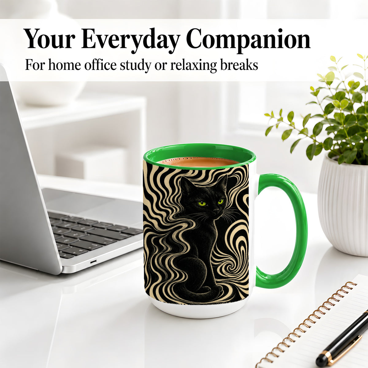 #pl[15oz|Green] Black Cat Swirl Ceramic Mug, Green Eye Optical Art for Cat Lovers