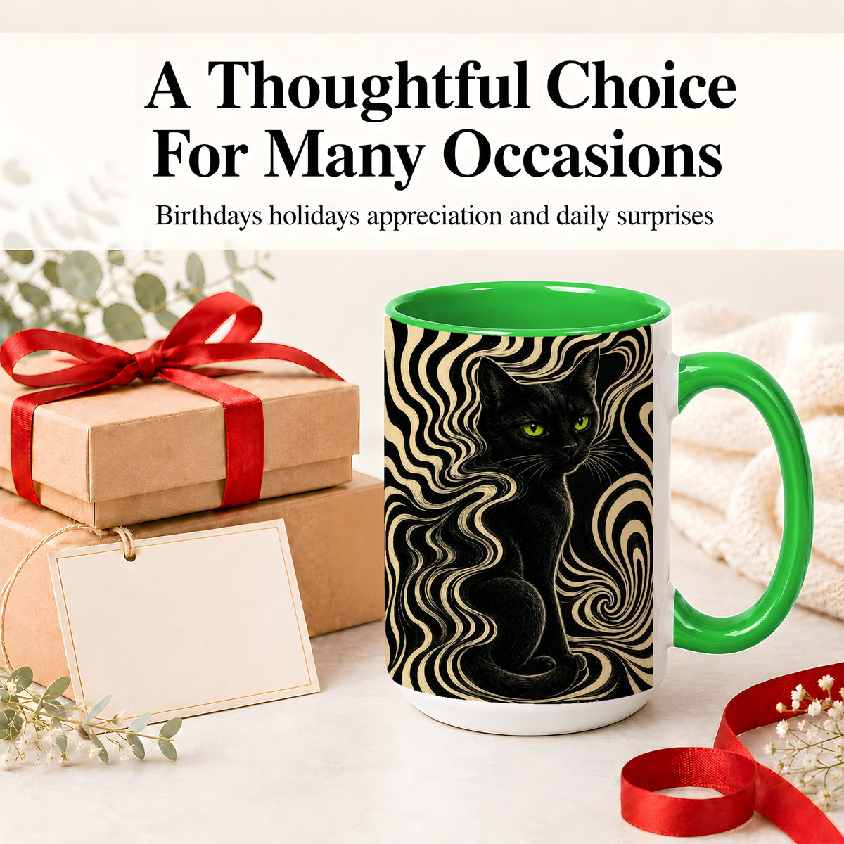 #pl[15oz|Green] Black Cat Swirl Ceramic Mug, Green Eye Optical Art for Cat Lovers