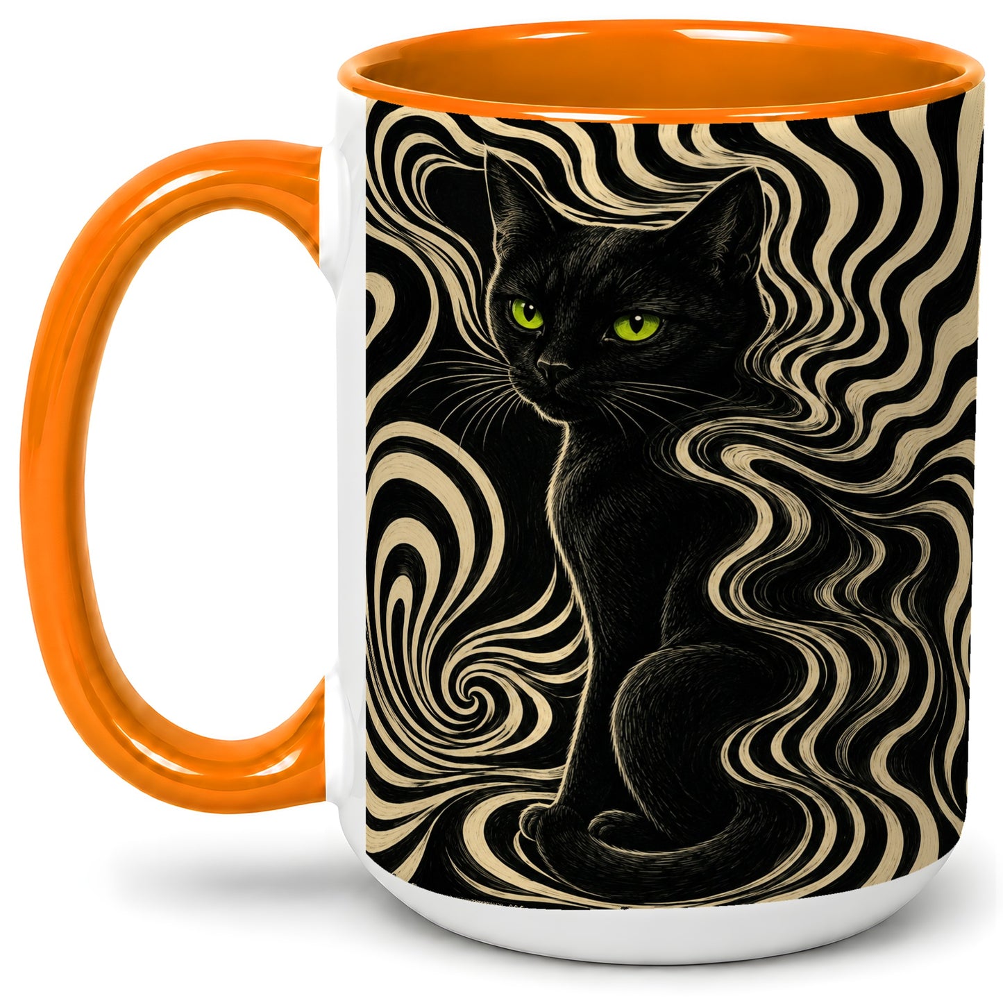 #pl[15oz|Orange] Black Cat Swirl Ceramic Mug, Green Eye Optical Art for Cat Lovers