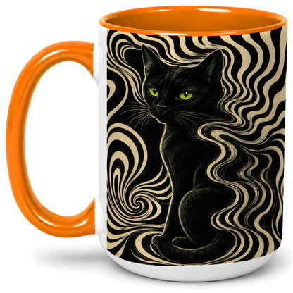 #pl[15oz|Orange] Black Cat Swirl Ceramic Mug, Green Eye Optical Art for Cat Lovers