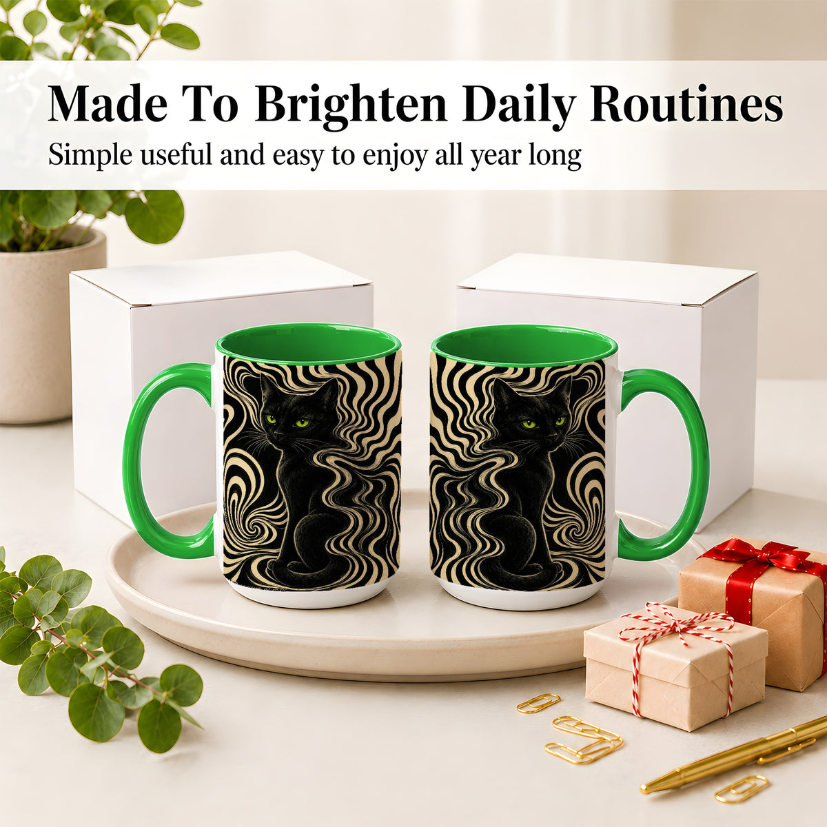 #pl[15oz|Green] Black Cat Swirl Ceramic Mug, Green Eye Optical Art for Cat Lovers