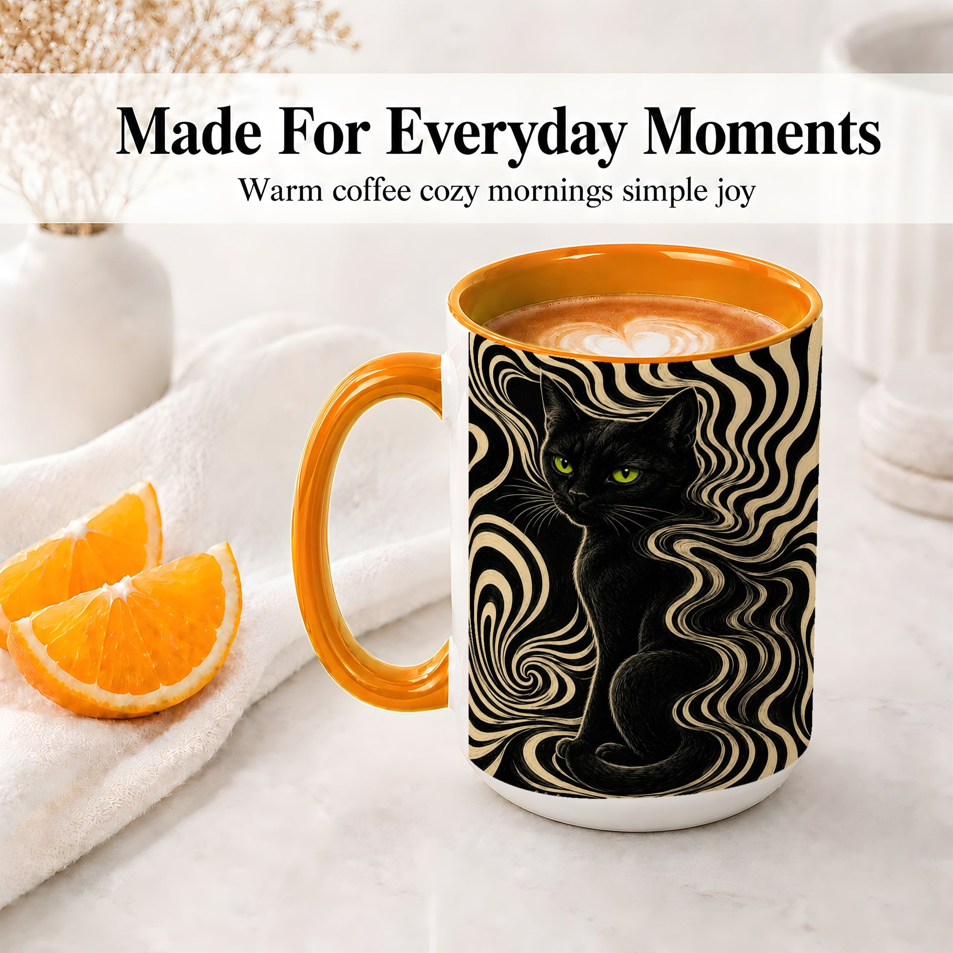 #pl[15oz|Orange] Black Cat Swirl Ceramic Mug, Green Eye Optical Art for Cat Lovers