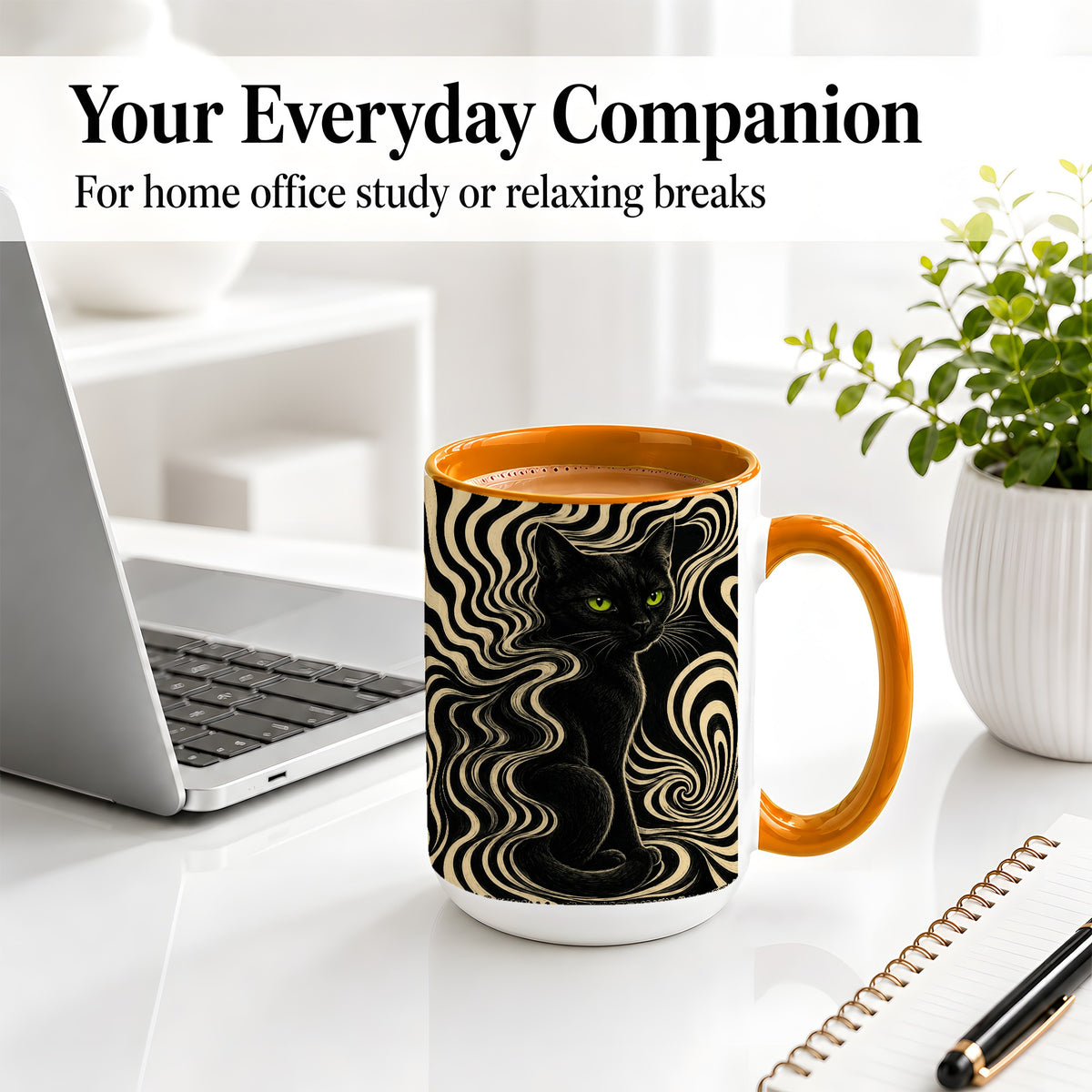 #pl[15oz|Orange] Black Cat Swirl Ceramic Mug, Green Eye Optical Art for Cat Lovers