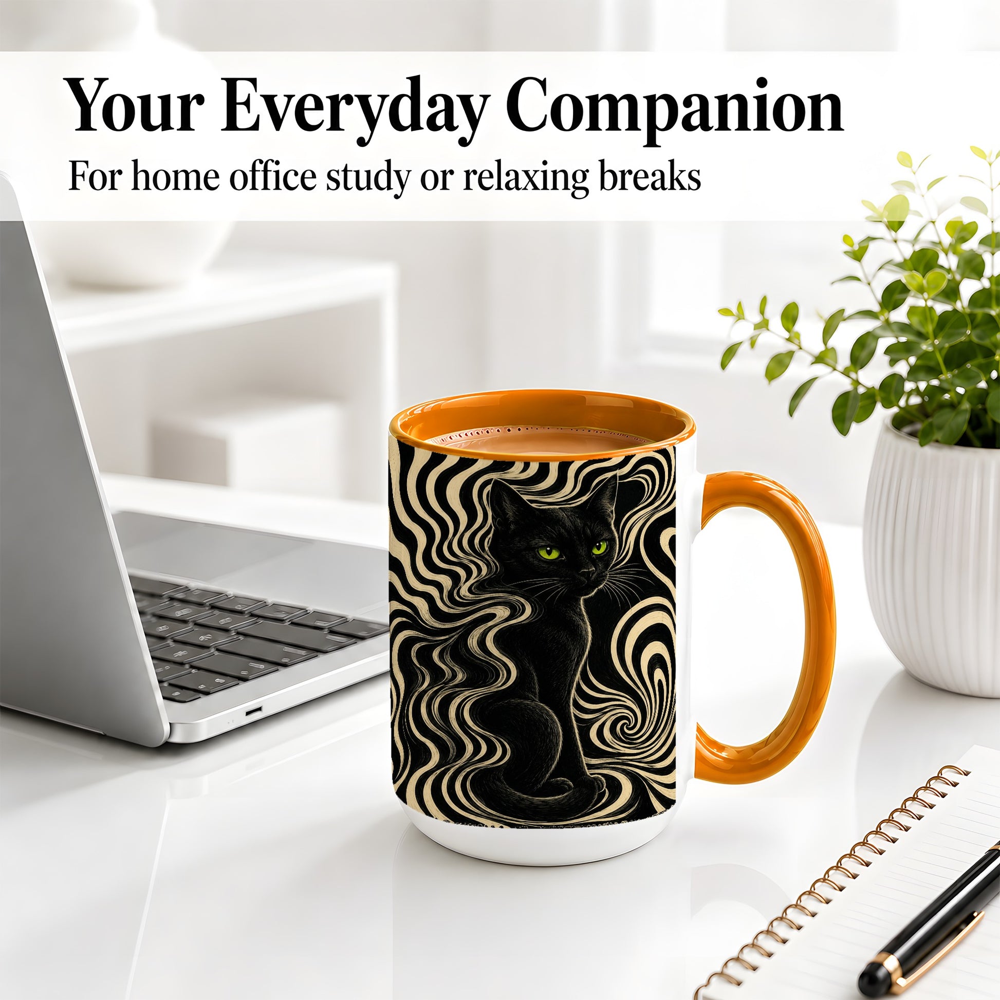 #pl[15oz|Orange] Black Cat Swirl Ceramic Mug, Green Eye Optical Art for Cat Lovers