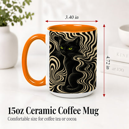 #pl[15oz|Orange] Black Cat Swirl Ceramic Mug, Green Eye Optical Art for Cat Lovers