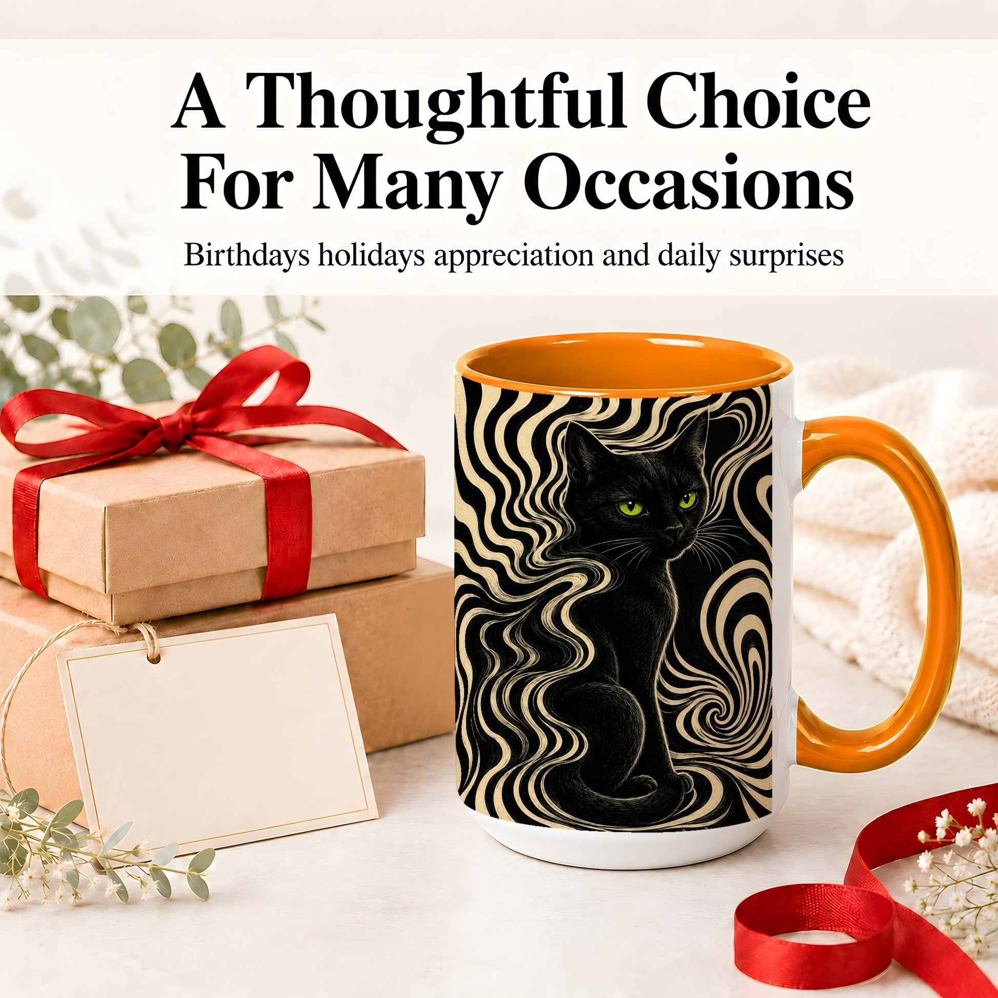 #pl[15oz|Orange] Black Cat Swirl Ceramic Mug, Green Eye Optical Art for Cat Lovers