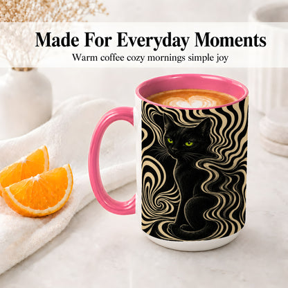 #pl[15oz|Pink] Black Cat Swirl Ceramic Mug, Green Eye Optical Art for Cat Lovers