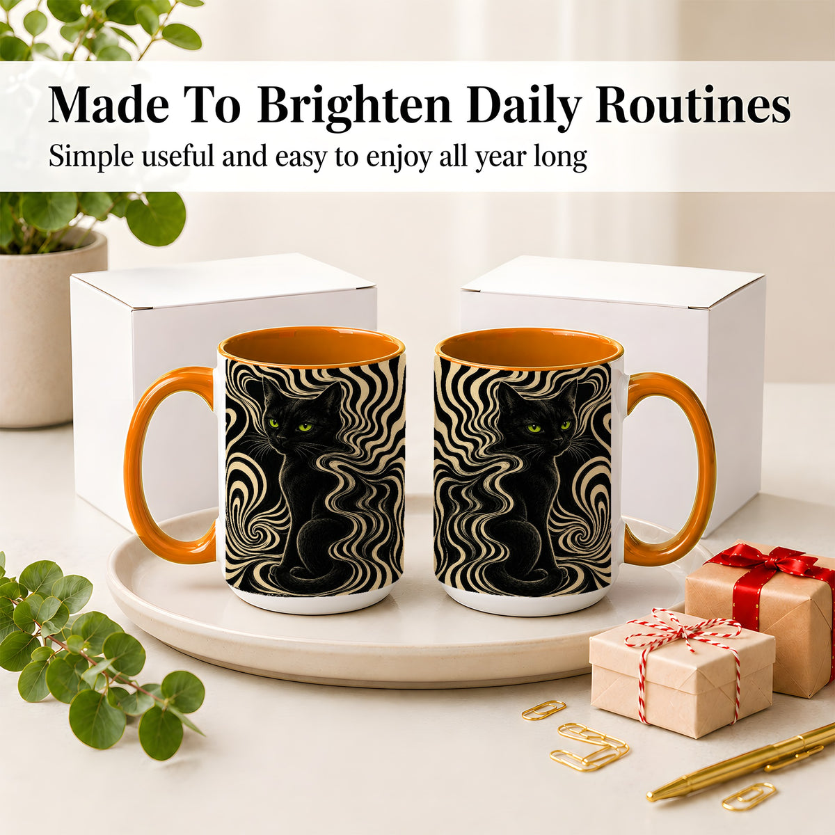 #pl[15oz|Orange] Black Cat Swirl Ceramic Mug, Green Eye Optical Art for Cat Lovers