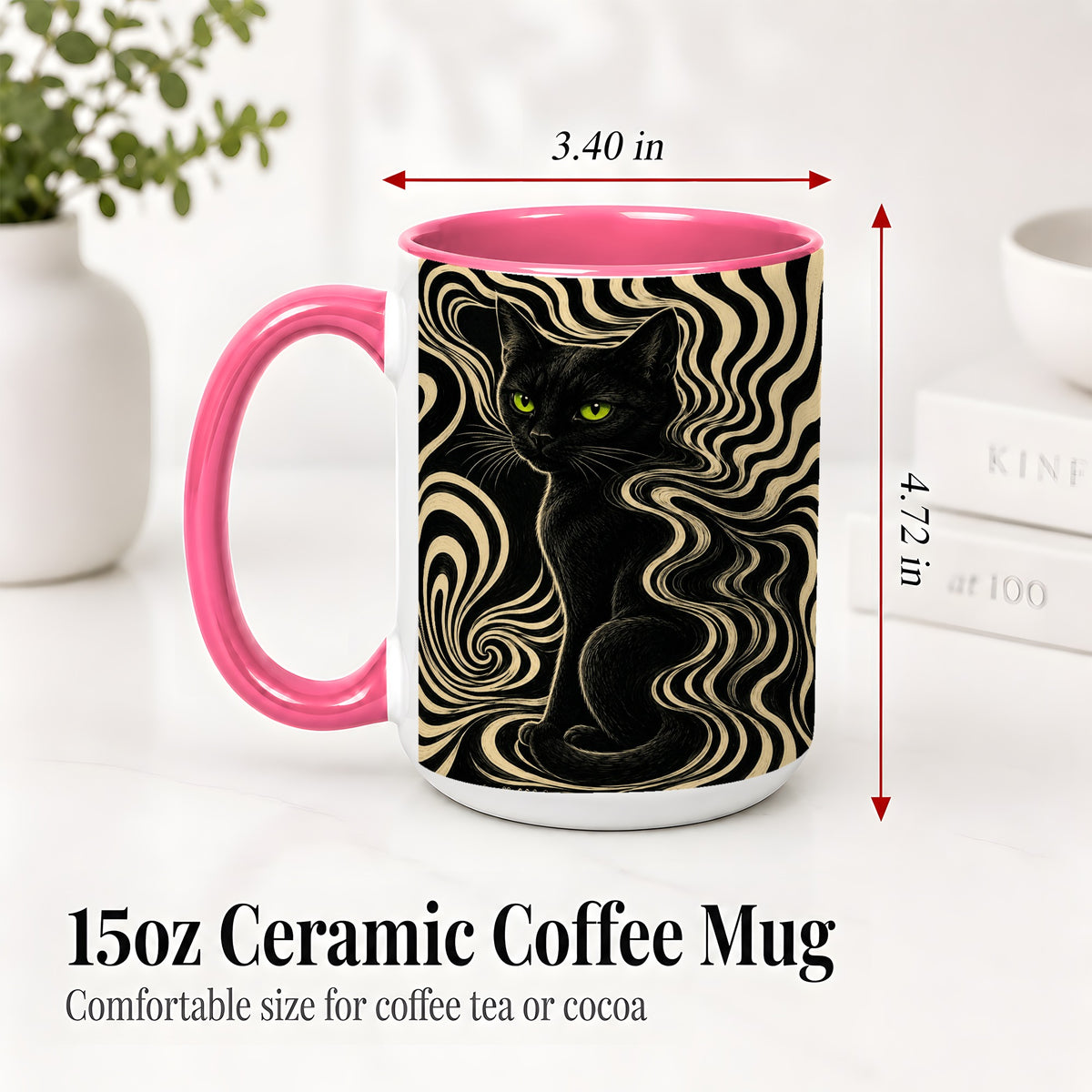 #pl[15oz|Pink] Black Cat Swirl Ceramic Mug, Green Eye Optical Art for Cat Lovers