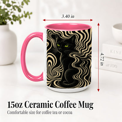 #pl[15oz|Pink] Black Cat Swirl Ceramic Mug, Green Eye Optical Art for Cat Lovers