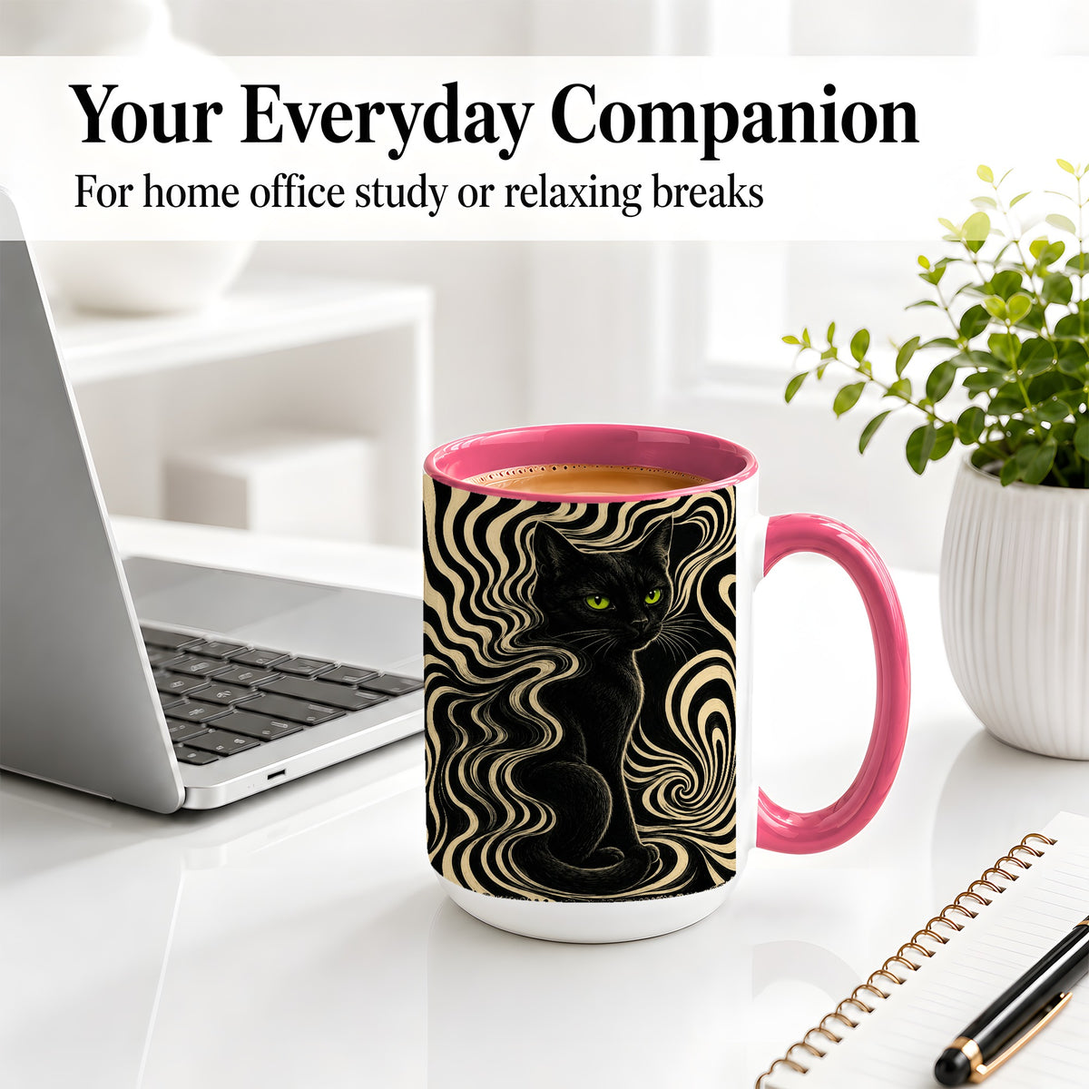 #pl[15oz|Pink] Black Cat Swirl Ceramic Mug, Green Eye Optical Art for Cat Lovers