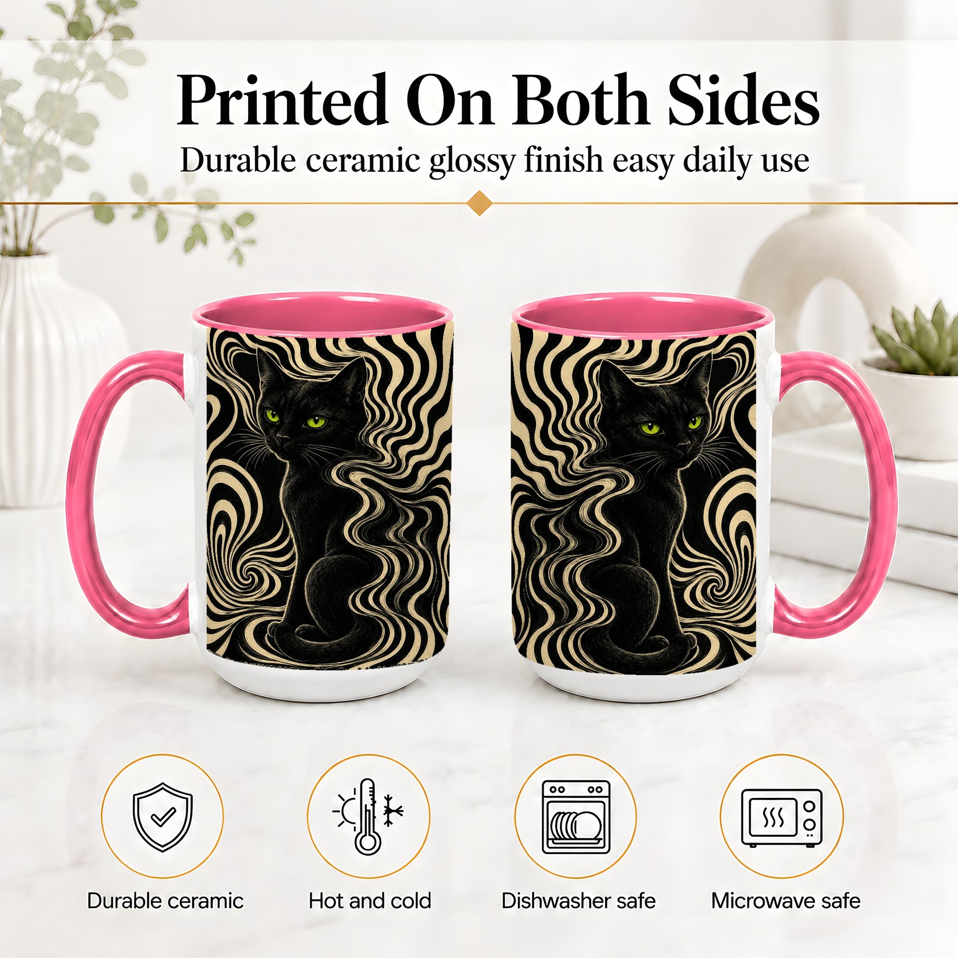 #pl[15oz|Pink] Black Cat Swirl Ceramic Mug, Green Eye Optical Art for Cat Lovers