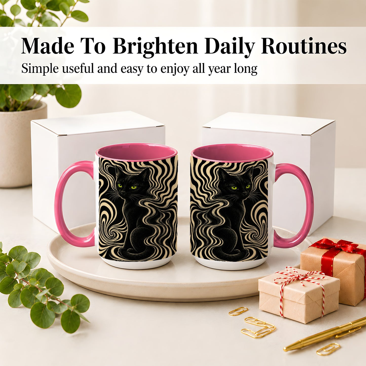 #pl[15oz|Pink] Black Cat Swirl Ceramic Mug, Green Eye Optical Art for Cat Lovers