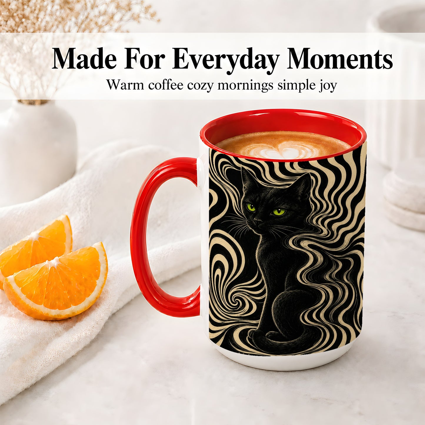 #pl[15oz|Red] Black Cat Swirl Ceramic Mug, Green Eye Optical Art for Cat Lovers