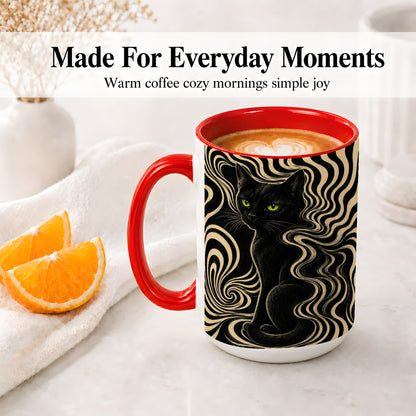 #pl[15oz|Red] Black Cat Swirl Ceramic Mug, Green Eye Optical Art for Cat Lovers