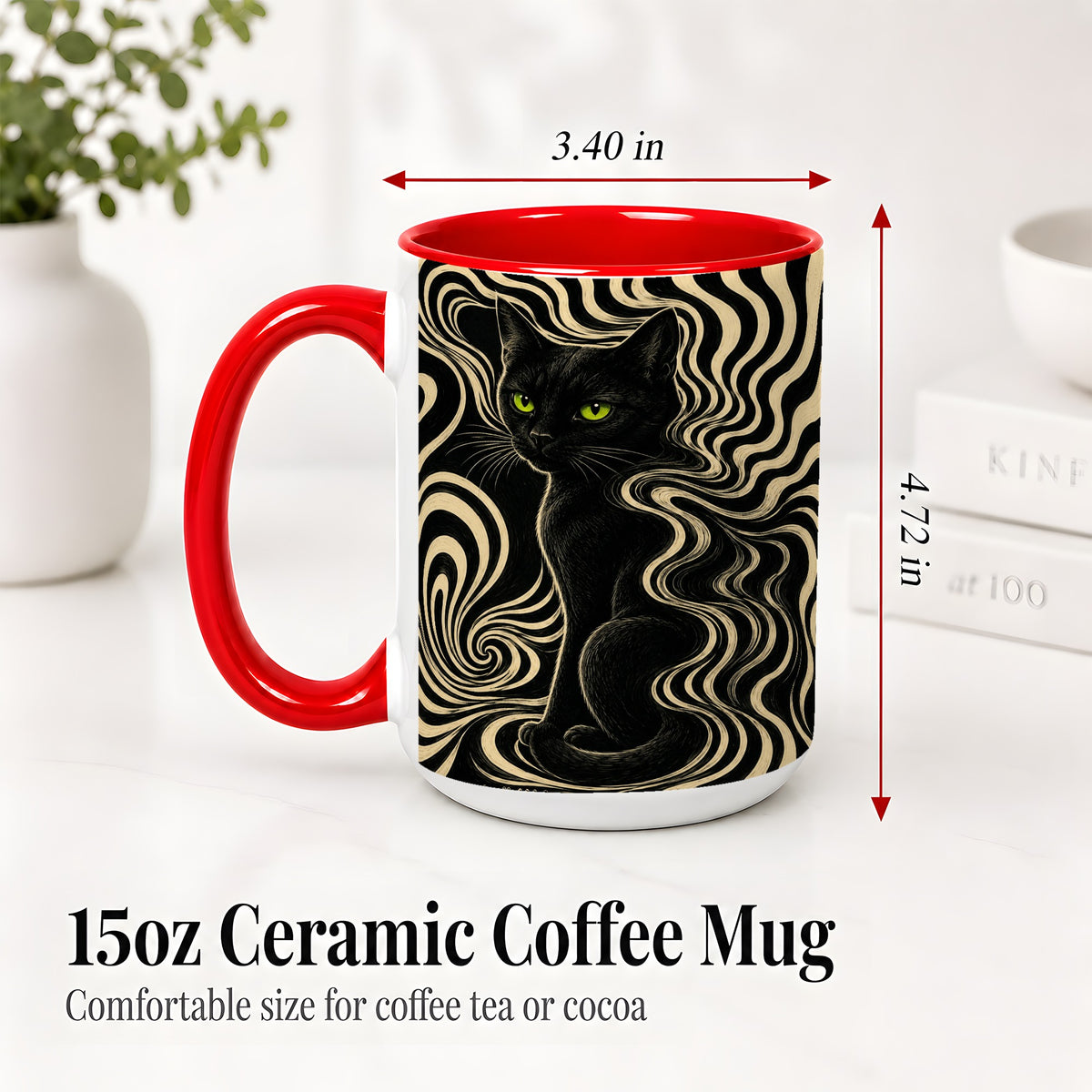 #pl[15oz|Red] Black Cat Swirl Ceramic Mug, Green Eye Optical Art for Cat Lovers
