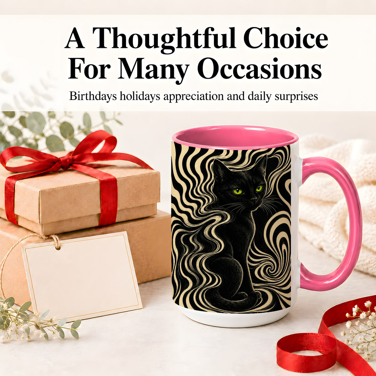 #pl[15oz|Pink] Black Cat Swirl Ceramic Mug, Green Eye Optical Art for Cat Lovers