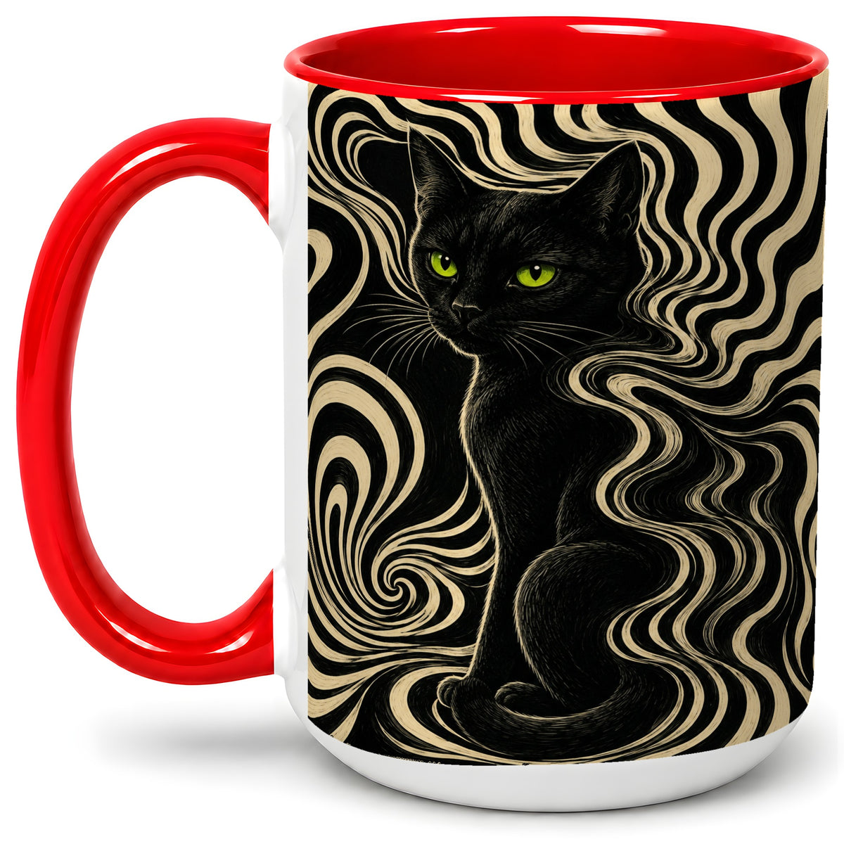 #pl[15oz|Red] Black Cat Swirl Ceramic Mug, Green Eye Optical Art for Cat Lovers