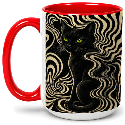 #pl[15oz|Red] Black Cat Swirl Ceramic Mug, Green Eye Optical Art for Cat Lovers