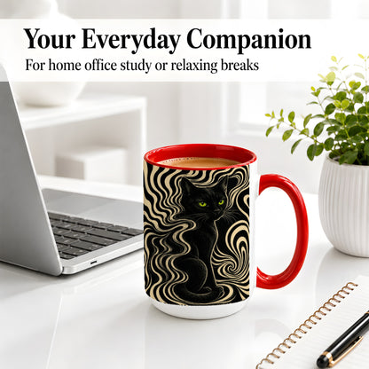 #pl[15oz|Red] Black Cat Swirl Ceramic Mug, Green Eye Optical Art for Cat Lovers