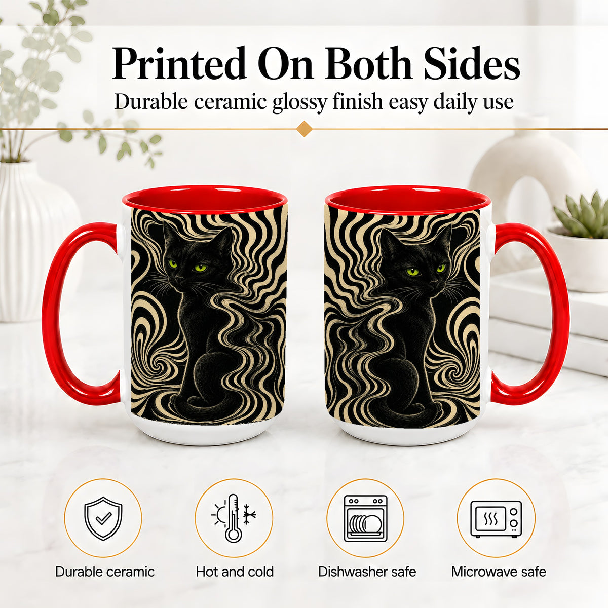 #pl[15oz|Red] Black Cat Swirl Ceramic Mug, Green Eye Optical Art for Cat Lovers