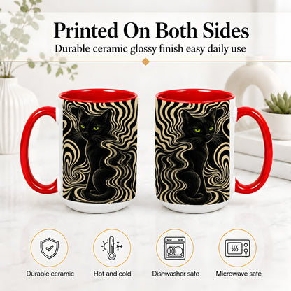 #pl[15oz|Red] Black Cat Swirl Ceramic Mug, Green Eye Optical Art for Cat Lovers