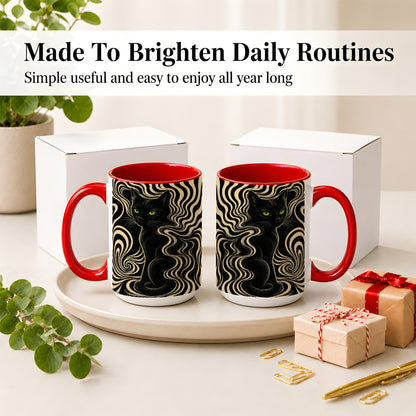 #pl[15oz|Red] Black Cat Swirl Ceramic Mug, Green Eye Optical Art for Cat Lovers