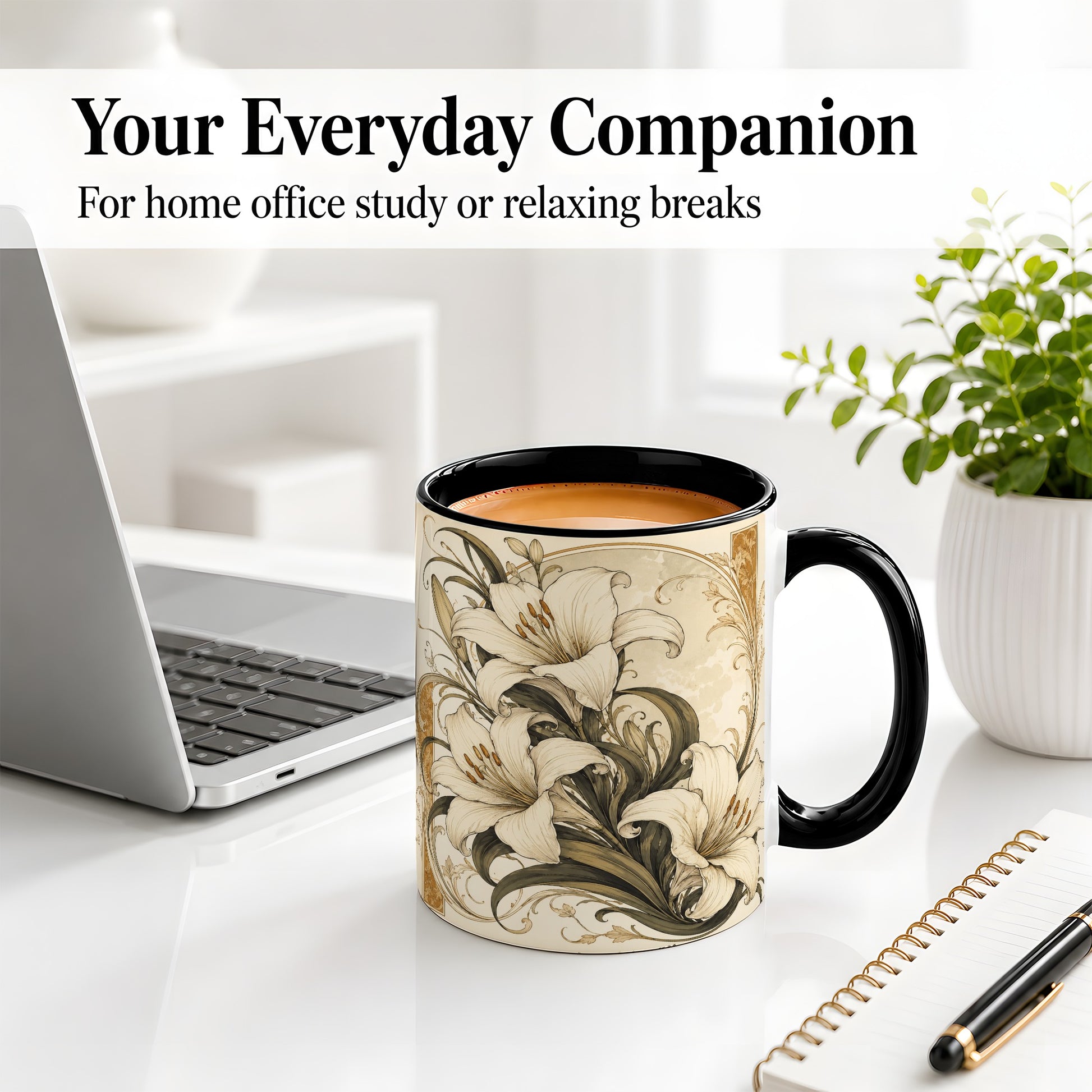 #pl[11oz|Black] Vintage Lily Ceramic Mug, Art Nouveau Floral Design for Flower Fans