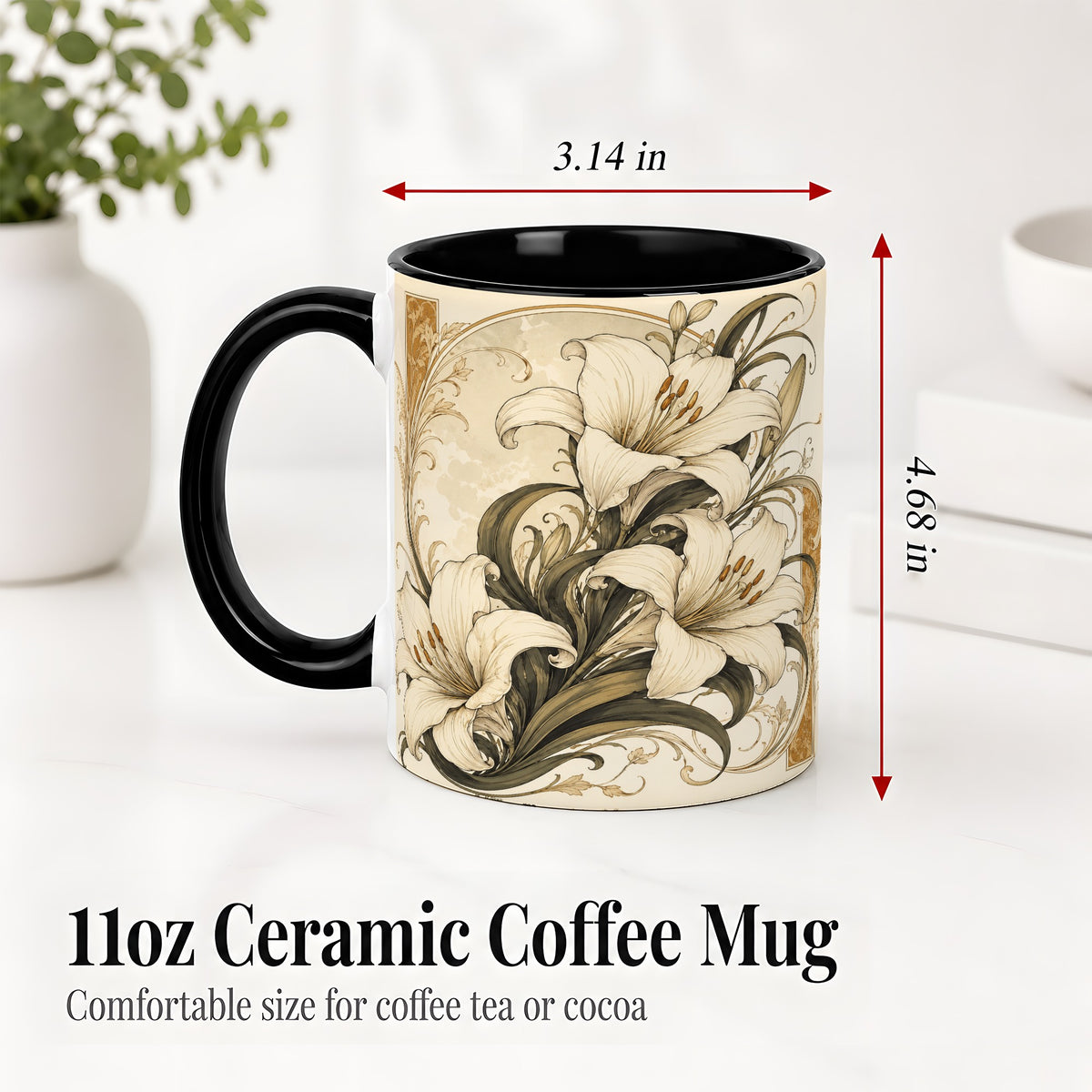 #pl[11oz|Black] Vintage Lily Ceramic Mug, Art Nouveau Floral Design for Flower Fans