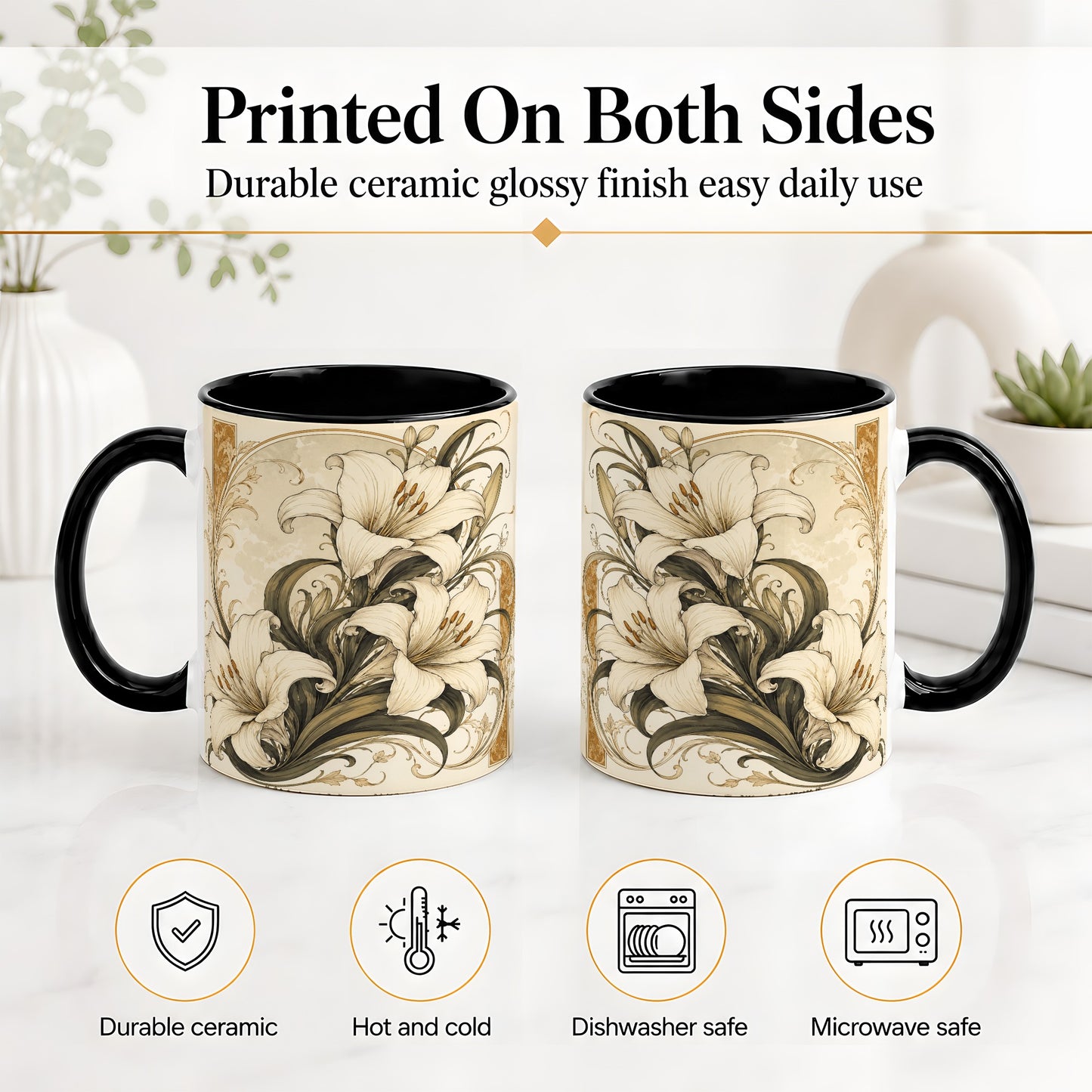 #pl[11oz|Black] Vintage Lily Ceramic Mug, Art Nouveau Floral Design for Flower Fans