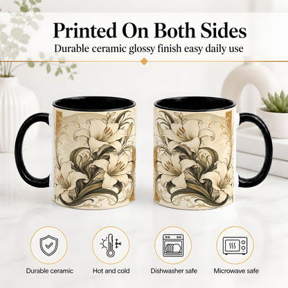 #pl[11oz|Black] Vintage Lily Ceramic Mug, Art Nouveau Floral Design for Flower Fans