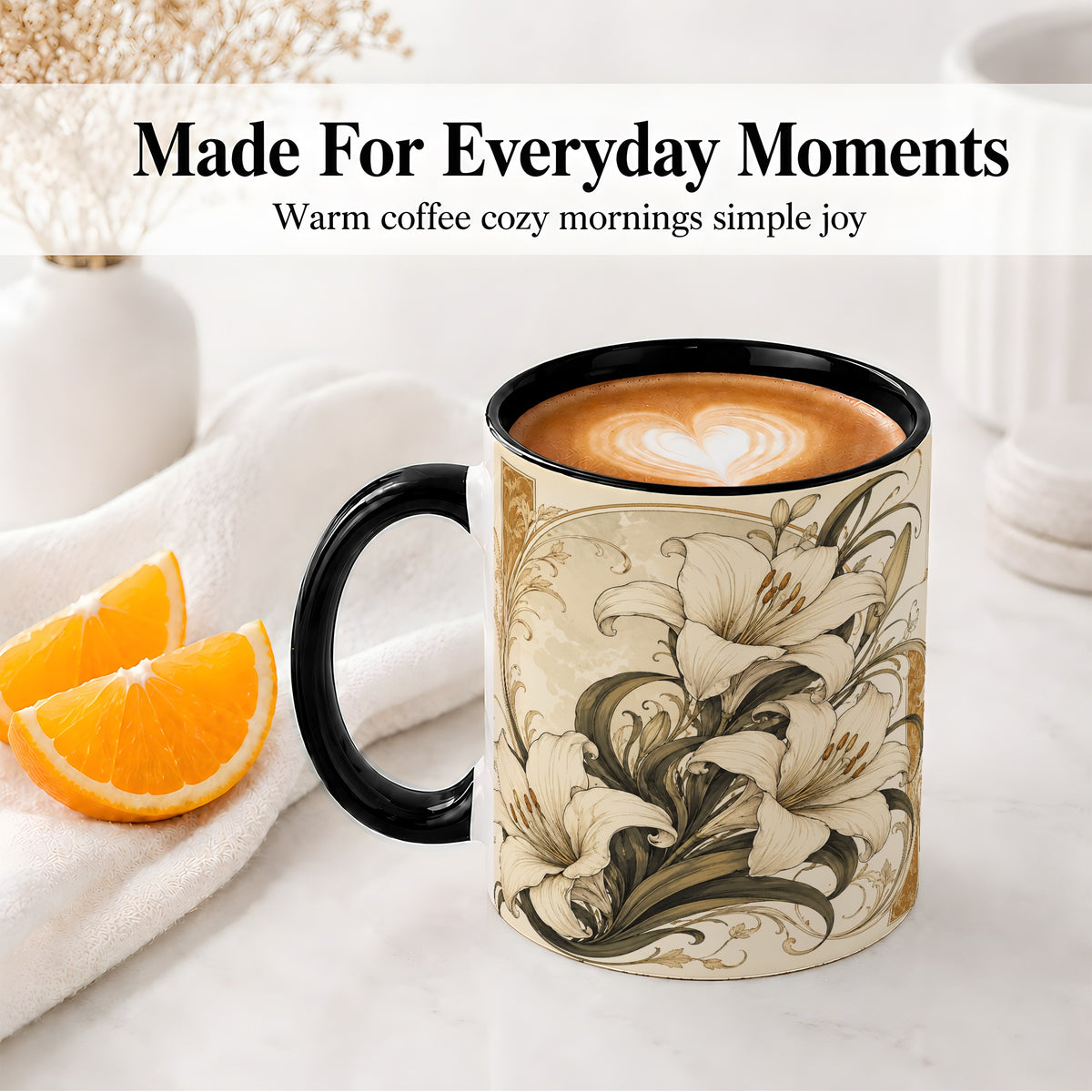 #pl[11oz|Black] Vintage Lily Ceramic Mug, Art Nouveau Floral Design for Flower Fans