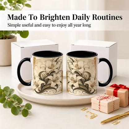 #pl[11oz|Black] Vintage Lily Ceramic Mug, Art Nouveau Floral Design for Flower Fans