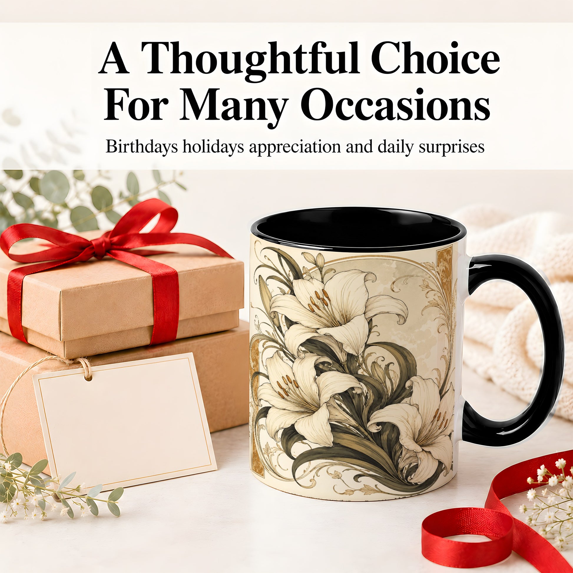 #pl[11oz|Black] Vintage Lily Ceramic Mug, Art Nouveau Floral Design for Flower Fans