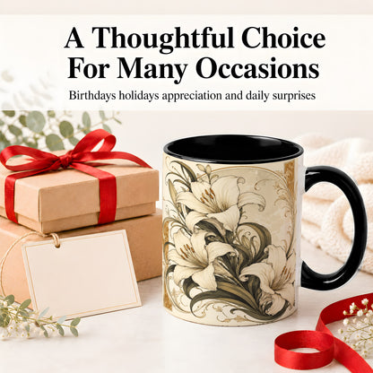 #pl[11oz|Black] Vintage Lily Ceramic Mug, Art Nouveau Floral Design for Flower Fans