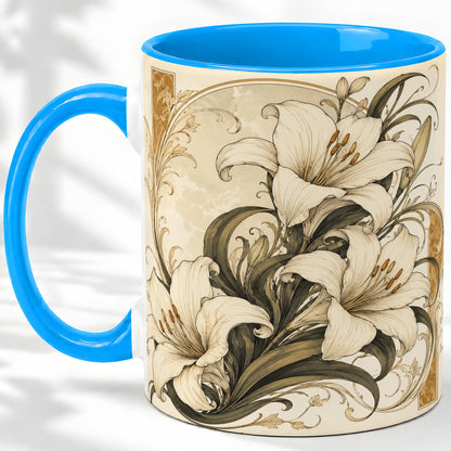 #pl[11oz|Blue] Vintage Lily Ceramic Mug, Art Nouveau Floral Design for Flower Fans