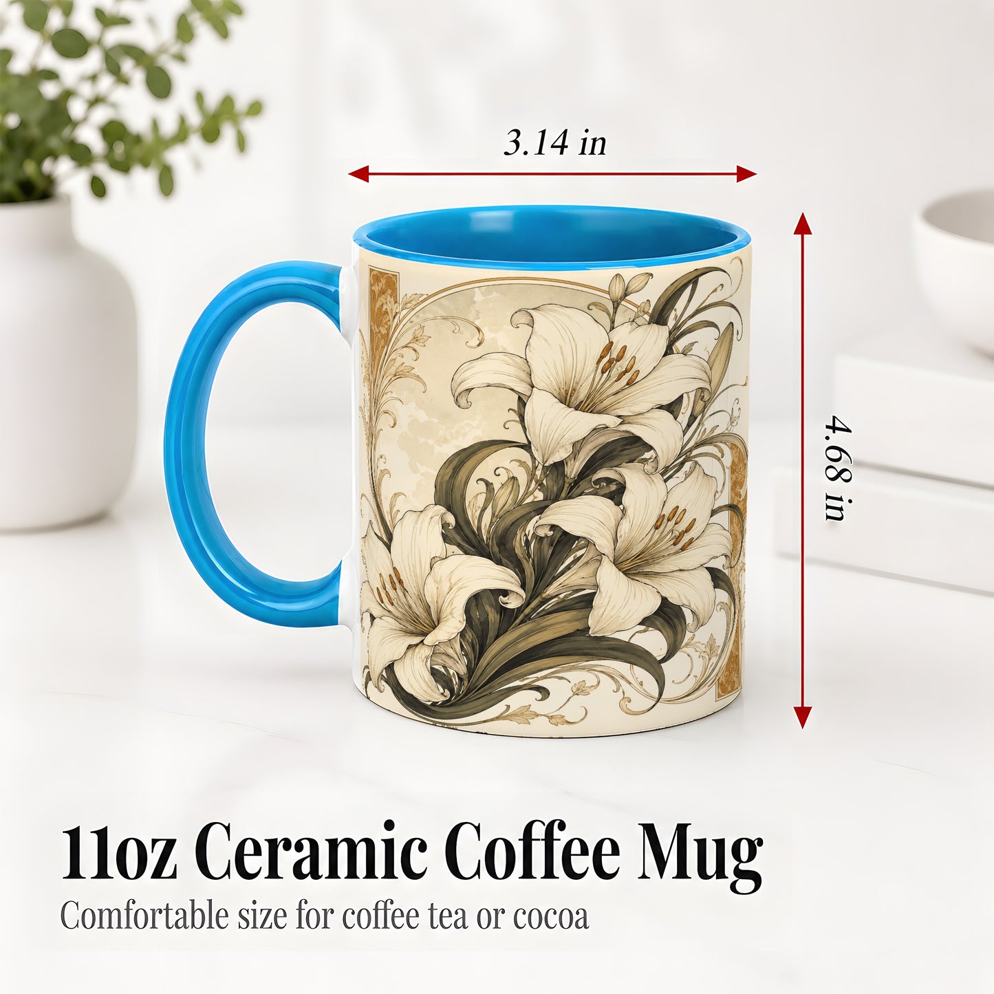 #pl[11oz|Blue] Vintage Lily Ceramic Mug, Art Nouveau Floral Design for Flower Fans